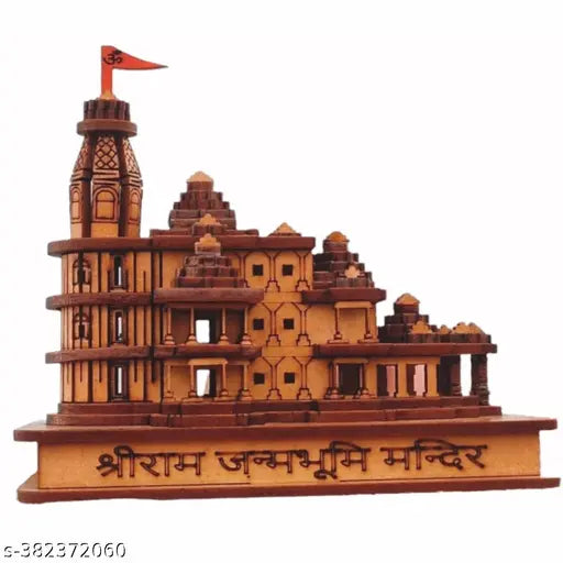 Hand-carved wooden 3D model of Shri Ram Mandir Ayodhya temple, 13cm x 12cm x 7cm (LxHxB) for home decor or gift. Indian origin