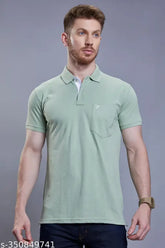 Green Cotton Blend Polo Neck Short Sleeve T-shirt by 3BROS - Stylish, Comfortable, and Eco-friendly Men's Fashion