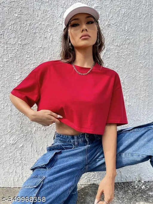 Black and red cotton blend short sleeve combo, comfortable casual loose-fitting crop tops for stylish outings (S - 34" bust, M - 36", L - 38", XL - 40")