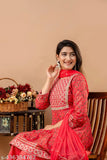 Rayon peach embroidered Anarkali set with dupatta and sharara, Indian festive collection