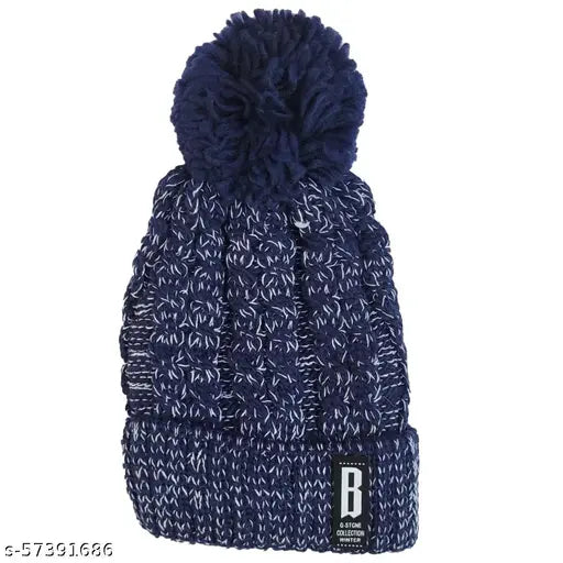 Navy woolen textured beanie with fur-lined pompom, women's and girls' free size