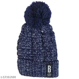 Navy woolen textured beanie with fur-lined pompom, women's and girls' free size