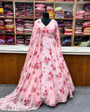 Stylish fancy printed Georgette maxi gown with frill and dupatta, flare length 3.5mts, size S-36 to XXL-44