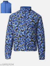 Blue polyester girls jacket with floral print and reversible quilted design, long sleeves, standing collar, and zip. Perfect for a vibrant, tailored look. Ideal for ages 5-14 years. Made in India