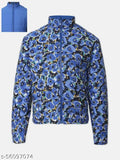 Blue polyester girls jacket with floral print and reversible quilted design, long sleeves, standing collar, and zip. Perfect for a vibrant, tailored look. Ideal for ages 5-14 years. Made in India