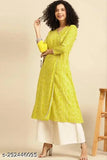 Light yellow printed designer cotton kurti, three-quarter sleeves, Haldi Mehndi ethnic wear for women