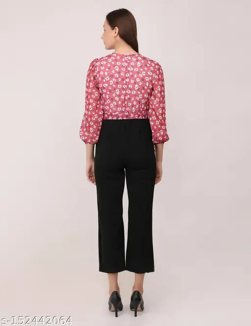Georgette floral print long jumpsuit, black and colorful, three-quarter sleeves for women's parties or daily wear, India origin