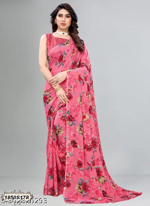 Three designer printed Georgette sarees, India - vibrant zari woven net pattern on free-size sarees and separate blouses