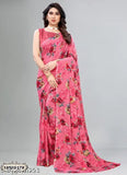Three designer printed Georgette sarees, India - vibrant zari woven net pattern on free-size sarees and separate blouses