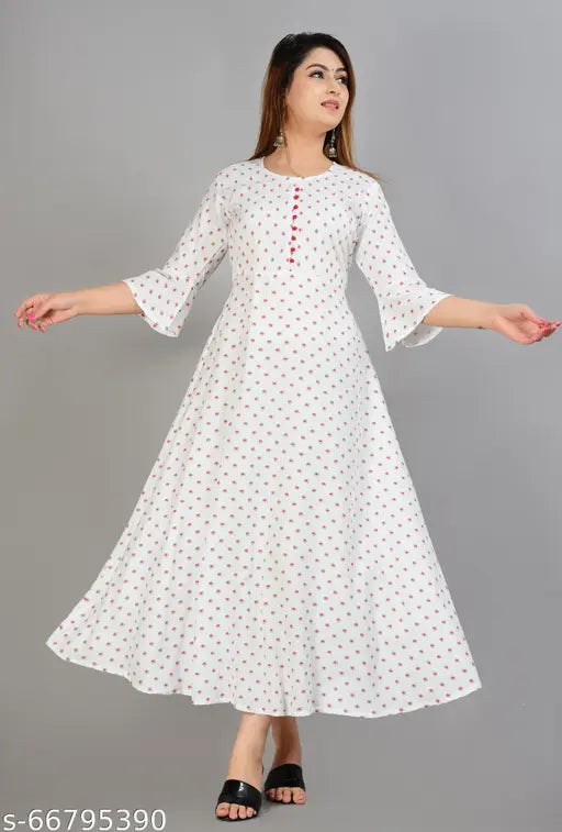 Rayon printed Anarkali kurti, three-quarter sleeves, Khhubhi Fashion women's clothing on hanger