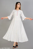 Rayon printed Anarkali kurti, three-quarter sleeves, Khhubhi Fashion women's clothing on hanger