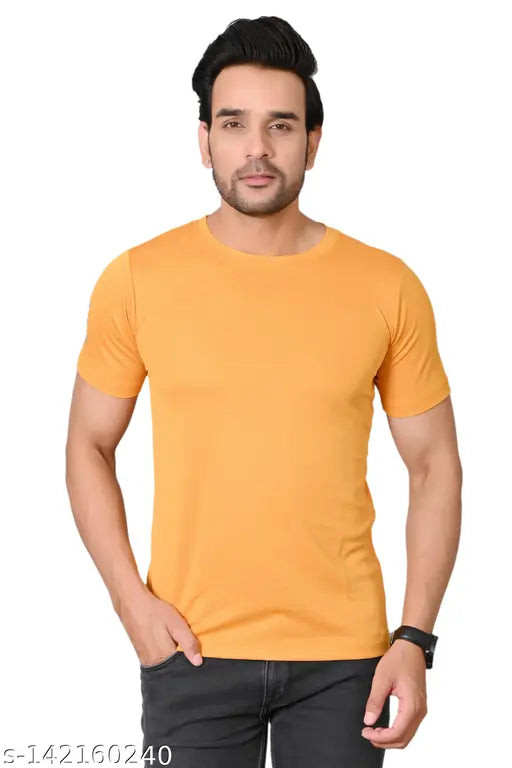 Mustard polyester active regular fit men's sports t-shirt, short sleeves solid design for fitness activities