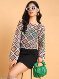 Multicolored cotton blend crop top with long sleeves, geometric print design, and intricate crochet detailing - Indian women's fashion