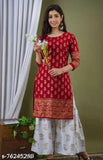 Red and white premium rayon printed kurti with palazzoo set, featuring 3/4th sleeves, round neck, and highlighted print design for women's fashion