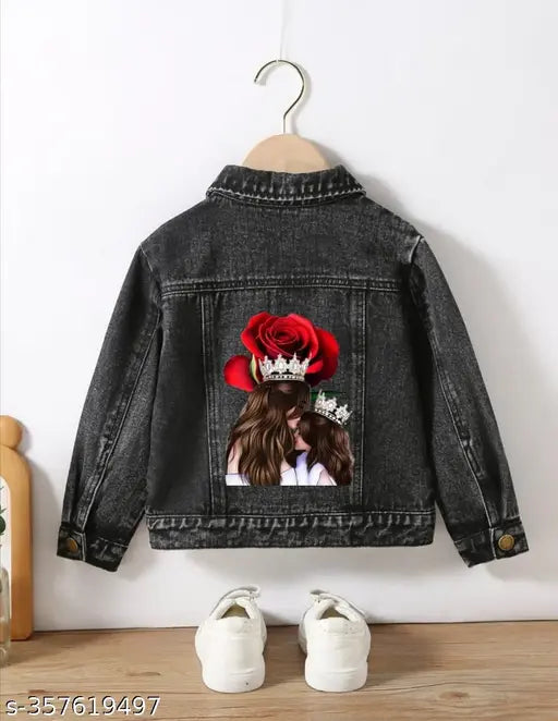 Black denim Queen Rose print jacket for kids, long sleeves, aged 3-8 years, Indian origin