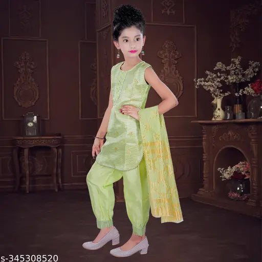 Embroidered jacquard dupatta set, girls festive party wedding kurta and patiala. Made from high-quality semi-silk and soft silk materials." (124 characters)