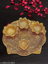 Gold-plated metal Badhi Puja thali with 4 diya, 10cmx10cmx10cm, Indian handicraft for puja and worship, home decoration