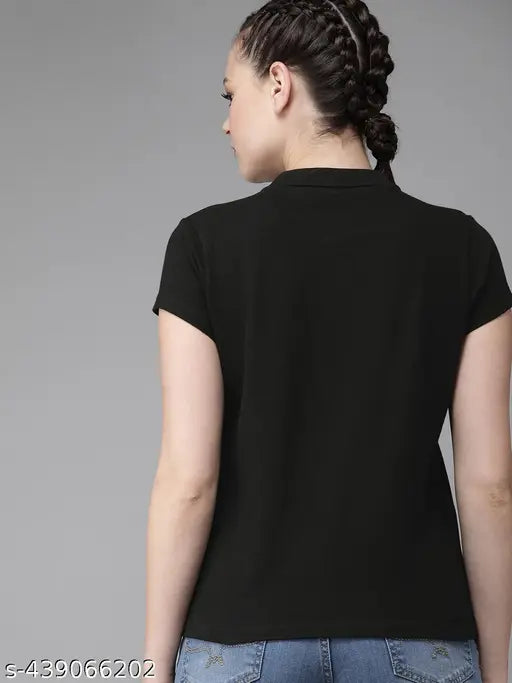 Cotton blend women's polo collar solid t-shirt, short sleeves with placket detail, size S-XL. Made in India." (98 characters)