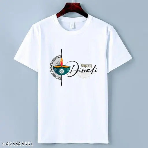 Happy Diwali polyester t-shirt with printed net design, short sleeves available in sizes S, M, L, XL, XXL
