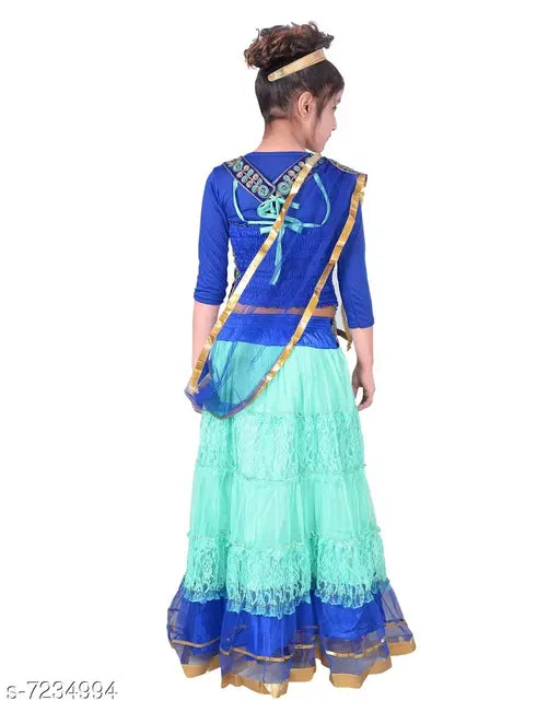 Blue net party wear ethnic lehenga choli set for girls, printed net fabric with stitched detail, India origin