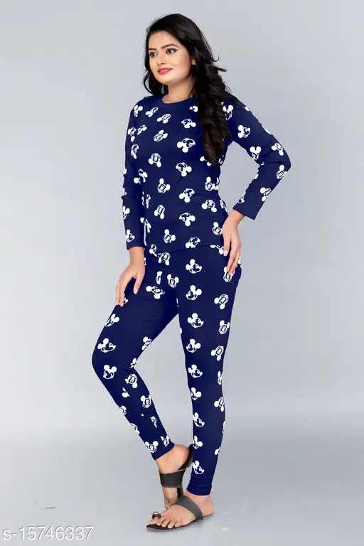 Women's cotton blend nightsuit with printed pattern, long sleeves, pyjamas style