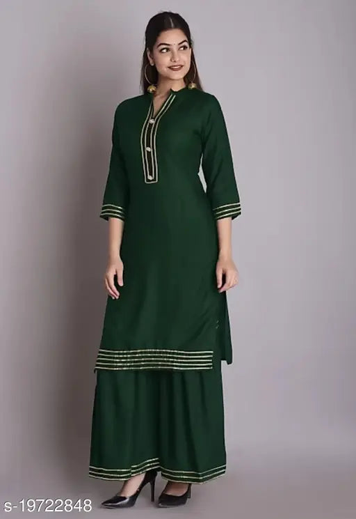 Green rayon Angiya Kurta Sharara Set with gota lace, three-quarter sleeves for festive wear