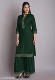 Green rayon Angiya Kurta Sharara Set with gota lace, three-quarter sleeves for festive wear