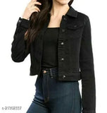 Trendy fashionable denim lycra women's summer jacket, solid pattern, long sleeves, size S (34in bust, 18in length)