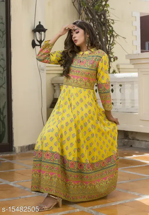 Yellow rayon slub flared printed kurti, three-quarter sleeves, Indian ethnic women's fashion