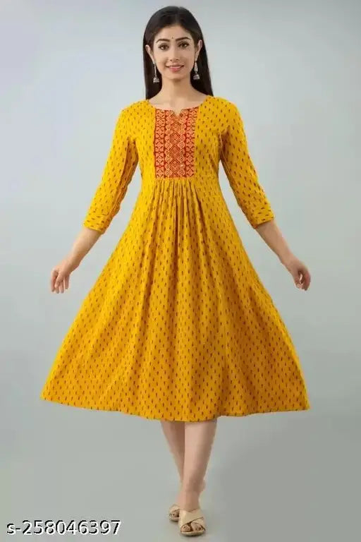 Rayon Anarkali embroidery kurti with floral print, suitable for traditional occasions. Three-quarter sleeves, size M (Bust: 38in, Size Length: 48in)