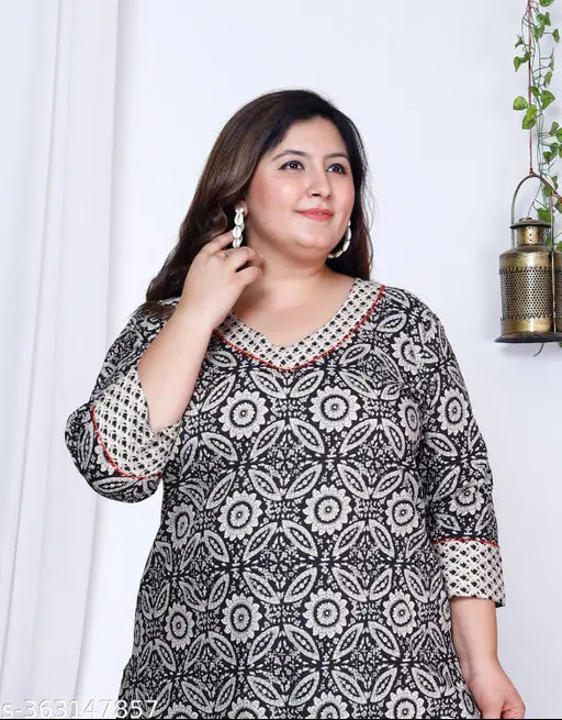 Black floral print plus size straight kurti, cotton three-quarter sleeve Kurta with printed combo for women