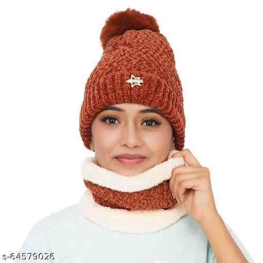Velvet-touch woolen cap & scarf set with soft fur lining - luxurious winter essential for girls/ladies