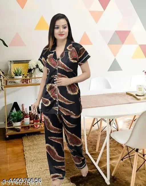 Trendy black satin nightdress with floral print, short sleeves, available in M, L, XL & Free Size