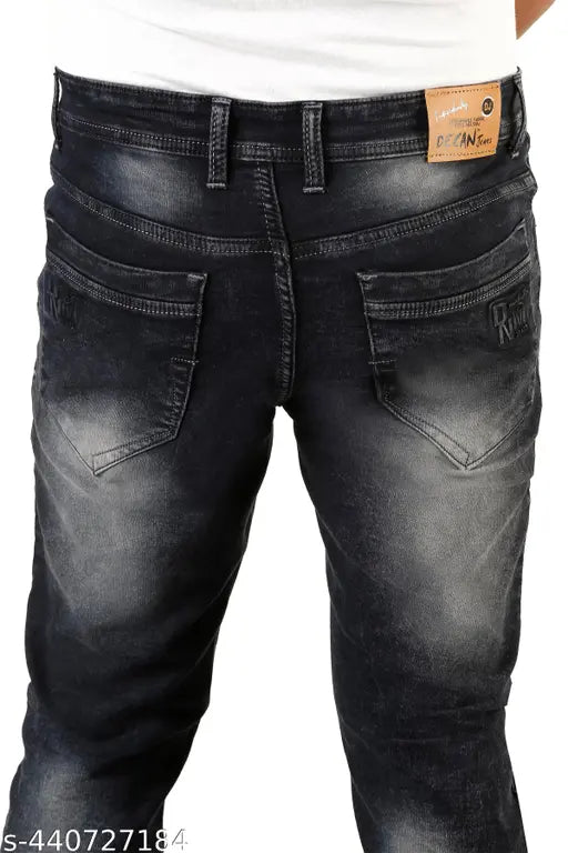 Modern cut denim jeans, premium quality cotton blend for men's stylish collection, solid color, machine washable