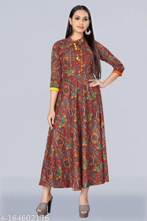 Multicolor rayon long gown kurta with traditional print, three-quarter sleeves. Indian ethnic wear for women in XXL, XXXL, and 6XL sizes