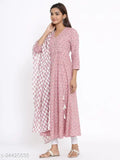 Women's pink floral print cotton Anarkali Kurta and Dupatta with 3/4 sleeves, V-neck, and tailored for a comfortable fit. Available in various sizes from S to 5XL. Indian handcrafted design, perfect for ethnic wear