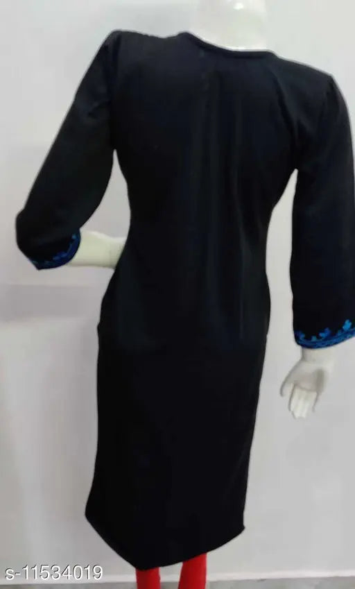 Women's black woolen A-line printed kurti, three-quarter sleeves, five sizes available including L (size length: 43 in), Indian handcrafted fashion