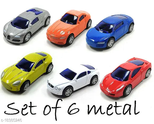 Fiber net die-cast pull back action car set, 6 colorful cars for kids learning about rescue vehicles and colors. DIE CAST CAR SET ALLOY TOYS made in India