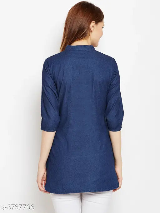 Navy blue laser printed denim tunic for women, three-quarter sleeves, Avyanna Stylis brand