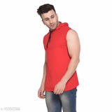 Red cotton blend sleeveless hood t-shirt from Tfurnish, ideal for casual wear this season