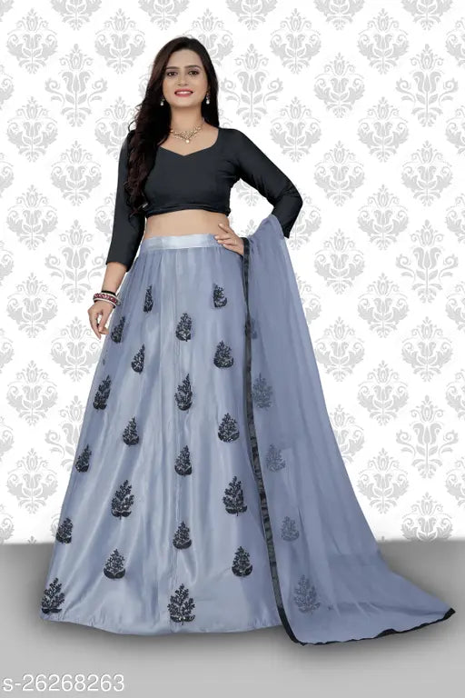 Silk & net solid lehenga choli with embroidered dupatta, Indian bollywood-style women's fashion