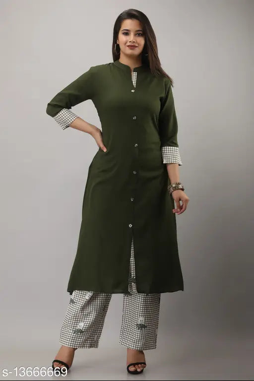 Rayon printed A-line kurta and palazzo set in solid pattern, three-quarter sleeves, cotton bottomwear, suitable for various sizes XS-5XL, made by MAUKA in India