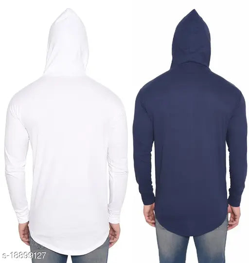 White cotton blend hooded t-shirts pack 2 for men, solid design, long sleeves, S-XL sizes from India