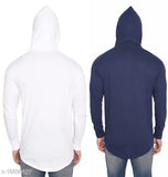 White cotton blend hooded t-shirts pack 2 for men, solid design, long sleeves, S-XL sizes from India