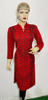 Red flower printed woolen kurti for winter, free size for warm and stylish festive wear