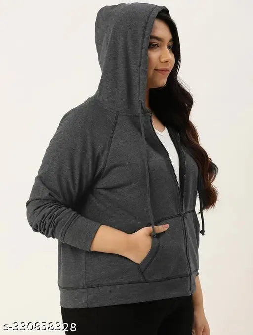 Stylish plus size dark grey fleece zip-up hoody for women (XXL, 44in bust; XXXL, 46in bust)