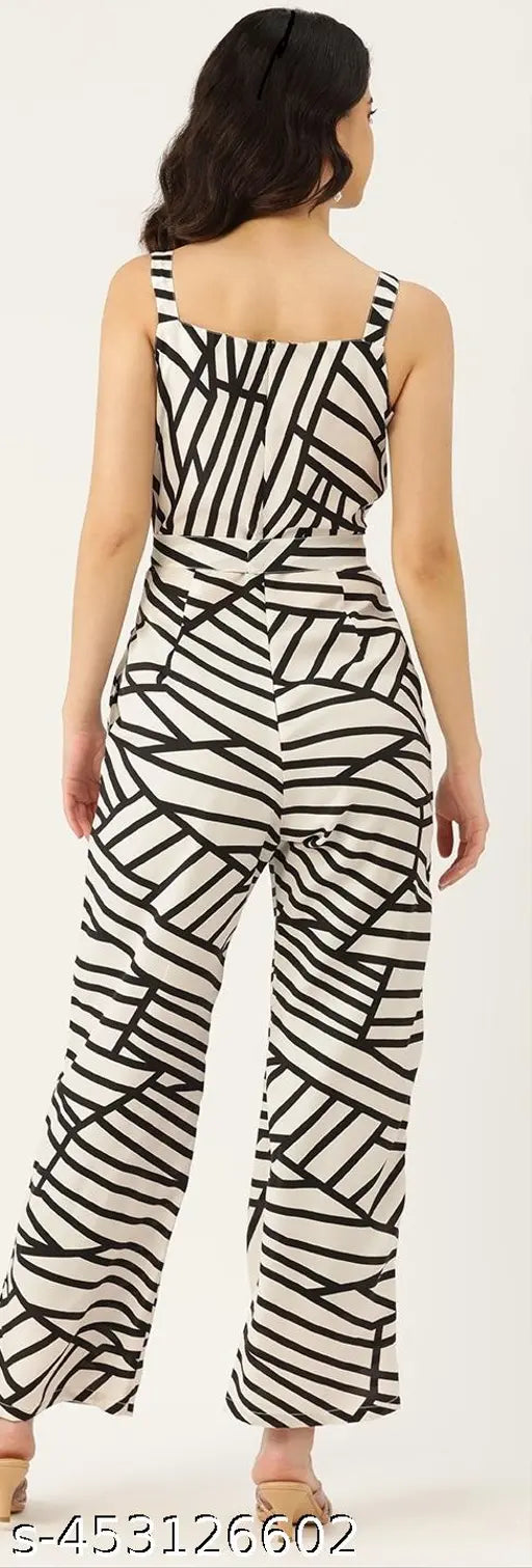 Printed white and black basic jumpsuit with waist tie-ups, sleeveless, polyester fabric, 2 pockets, casual style, India origin