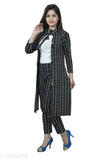 Lycra check print women's 3-piece dress set (shrug top & pant), three-quarter sleeves