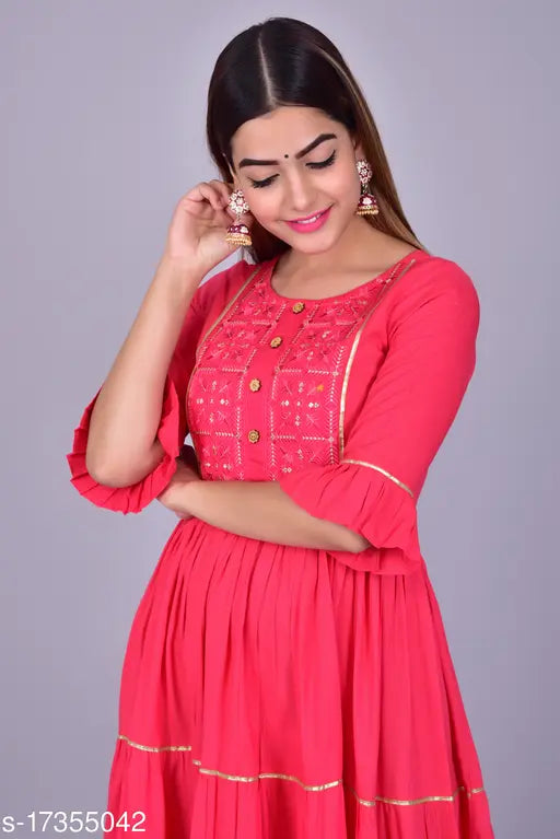 Embroidered rayon blend straight kurta for women, three-quarter sleeves, India origin, size S-5XL