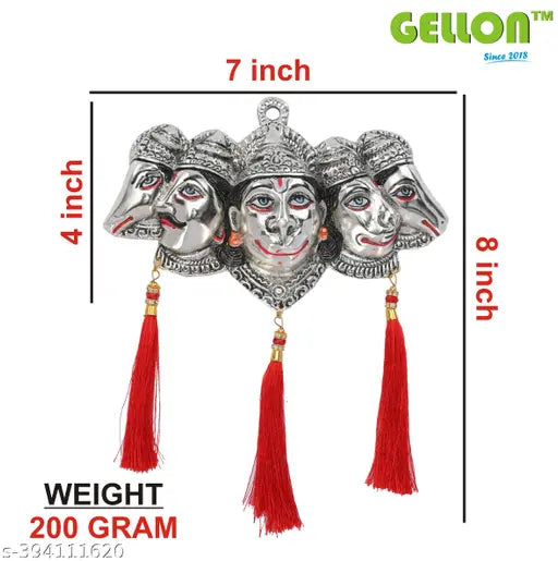 Silver-finished Panchmukhi Hanuman Ji statue for door entrance, intricate wall hanging showpiece with silk latakan, 20cmL x 5cmH x 18cmB